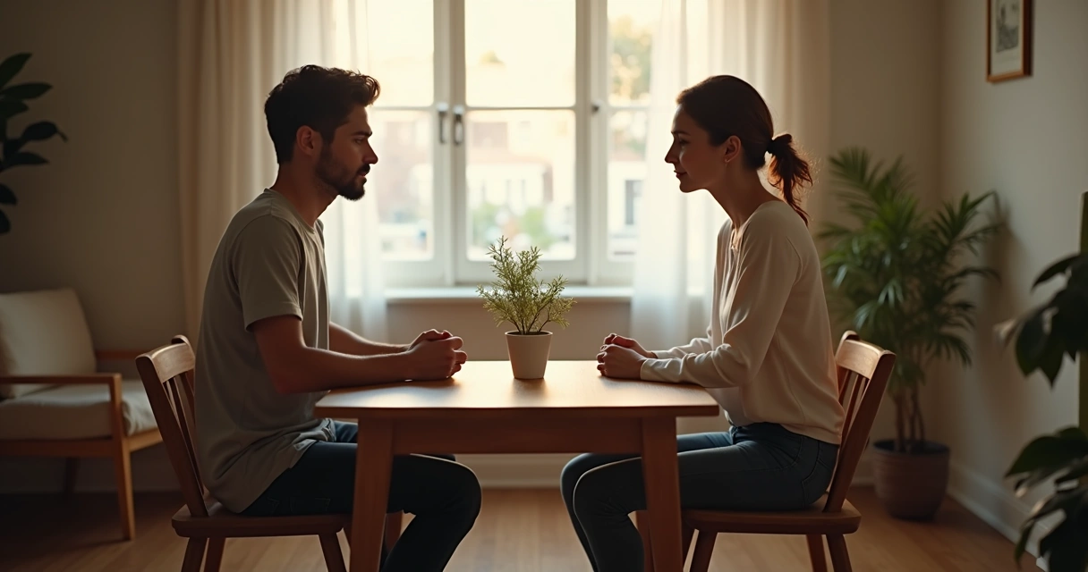 Duas pessoas sentadas conversando com serenidade em um ambiente tranquilo. 