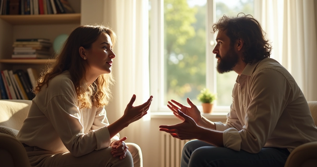 Duas pessoas sentadas conversando em uma sala iluminada por luz natural 