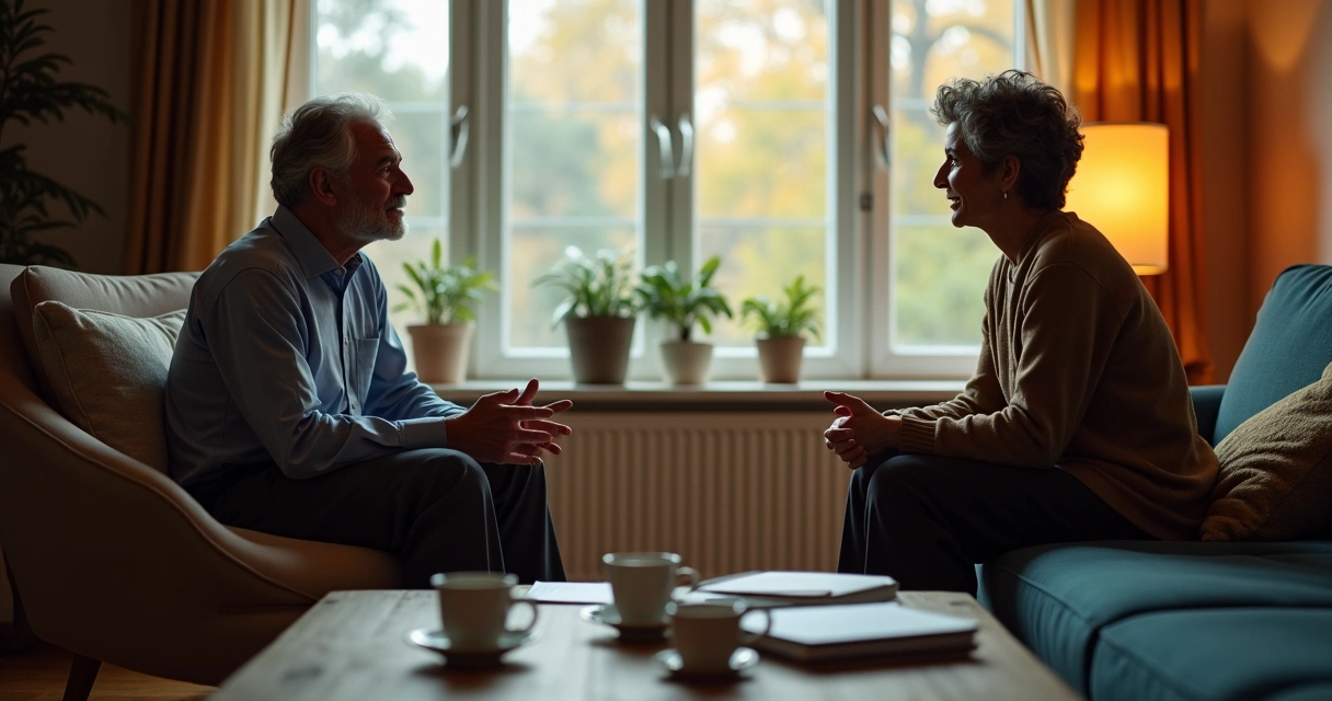 Duas pessoas sentadas em sala conversando 