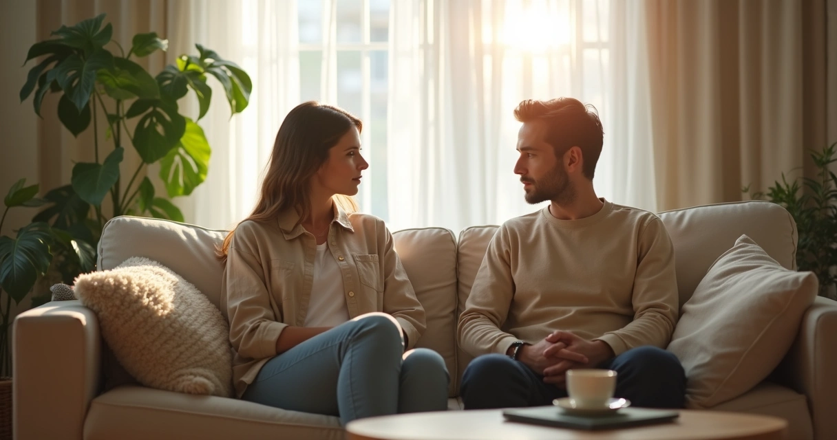 Duas pessoas sentadas em um sofá conversando calmamente 