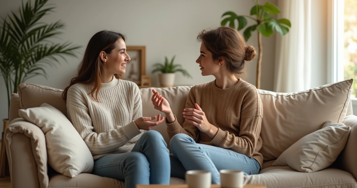 Duas pessoas sentadas, conversando com atenção no sofá 