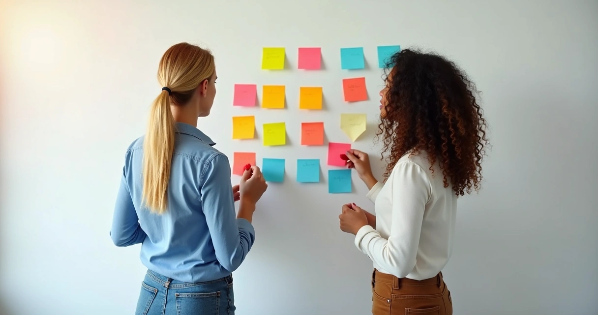 Duas pessoas colaborando na criação de ideias, escrevendo post-its coloridos numa parede branca