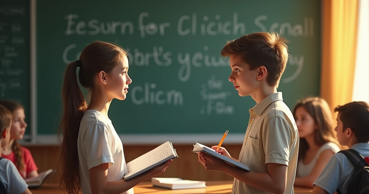 Duas pessoas debatendo em sala de aula