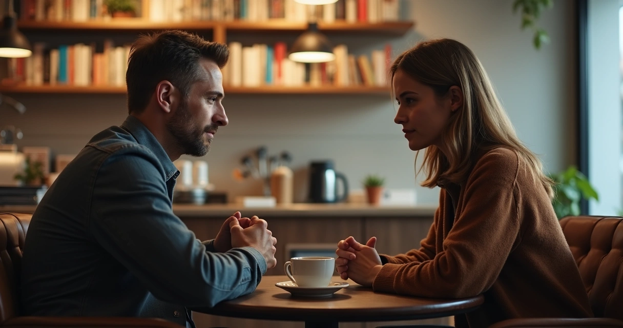 Duas pessoas sentadas frente a frente em conversa séria 