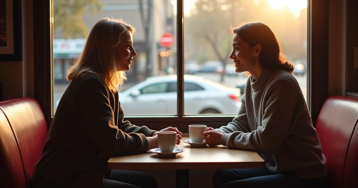Duas pessoas sentadas conversando em uma cafeteria 