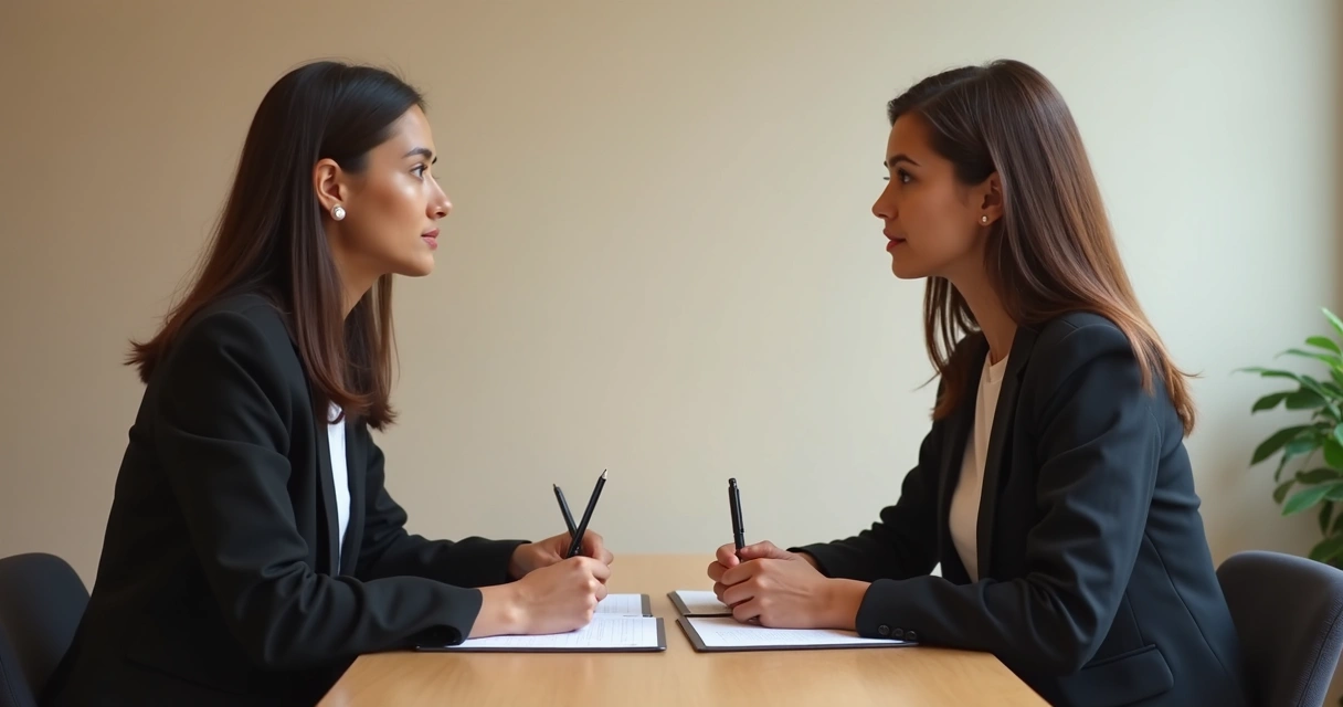 Duas pessoas sentadas frente a frente em conversa atenta, com papéis e canetas em uma mesa sobre um fundo neutro 