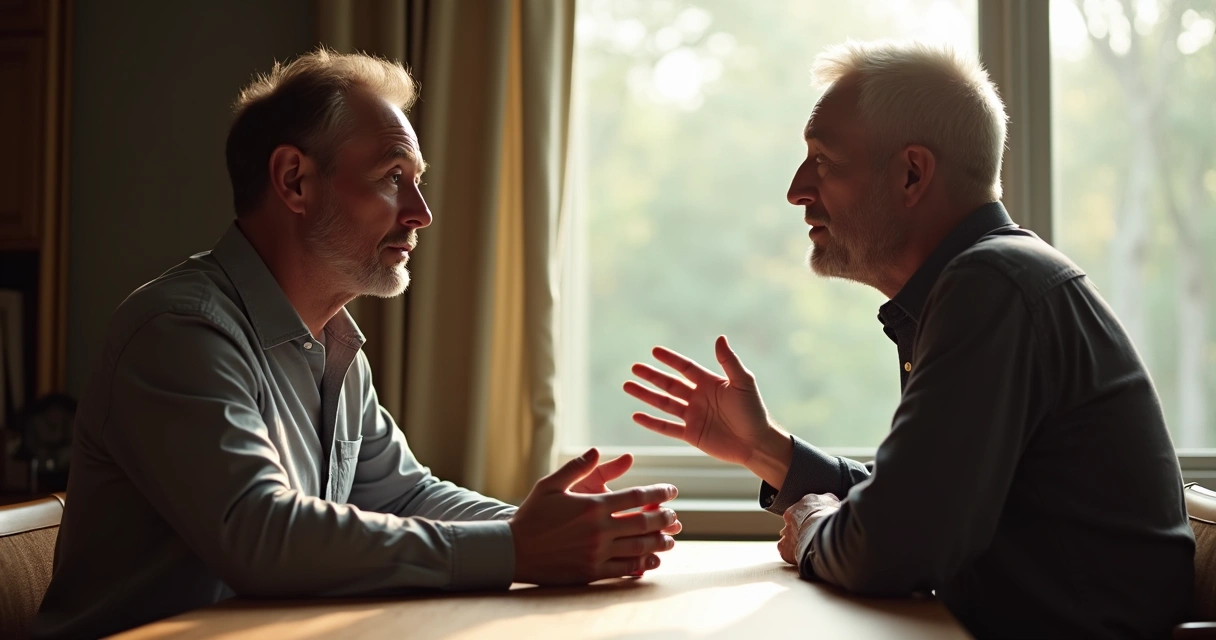 Duas pessoas sentadas frente a frente em uma mesa conversando de forma séria 