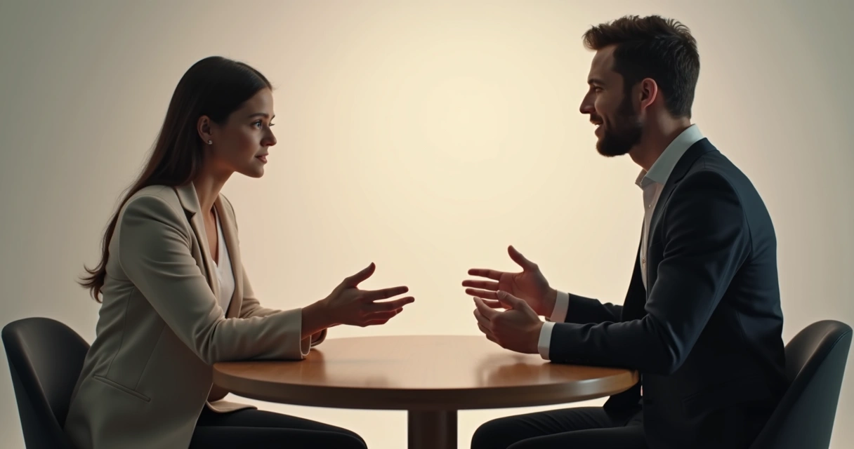 Duas pessoas de frente conversando em mesa redonda, expressando emoções com respeito. 
