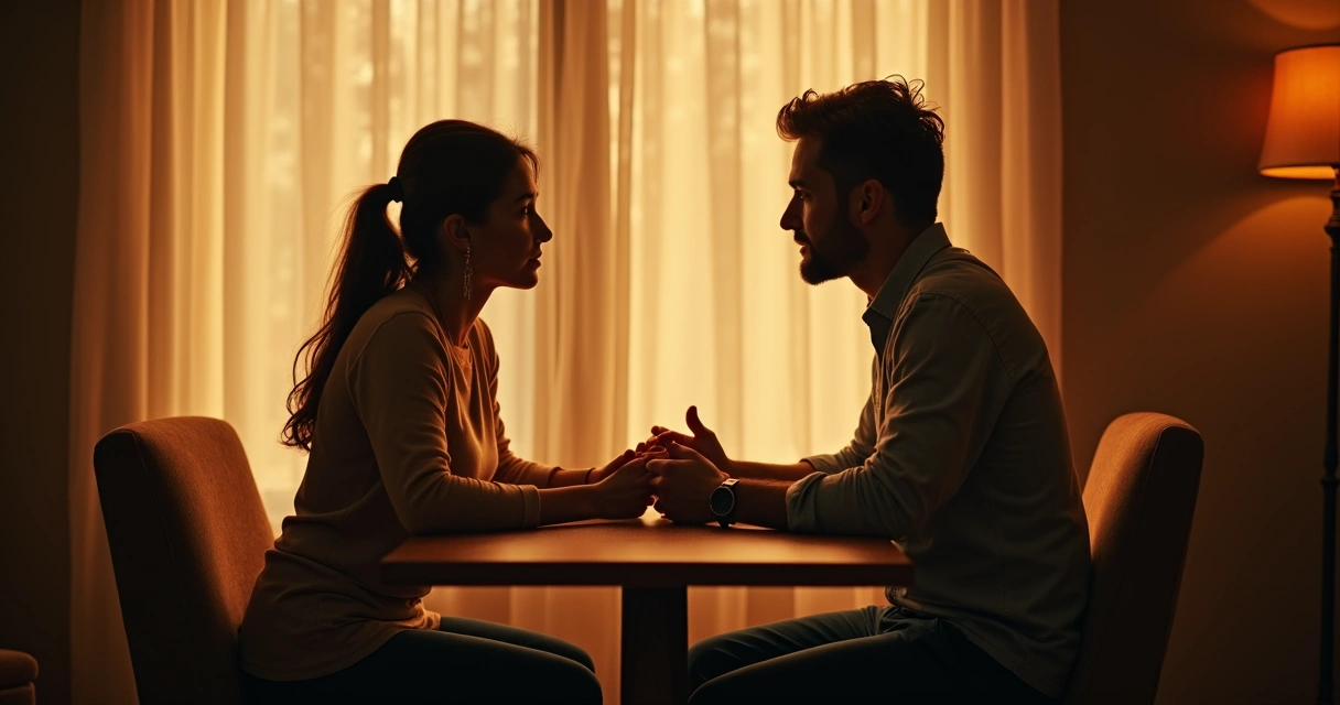 Duas pessoas conversando frente a frente em ambiente acolhedor