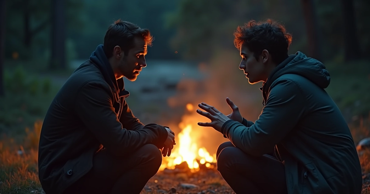 Duas pessoas conversando de frente perto de uma fogueira em ambiente aconchegante 