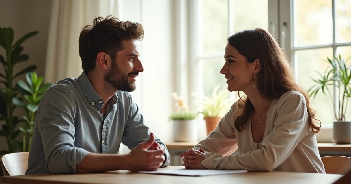 Duas pessoas dialogando de frente, com expressões acolhedoras, em ambiente iluminado.
