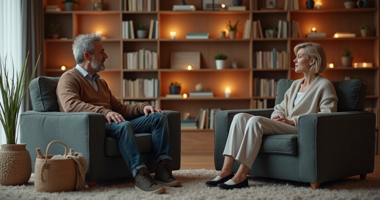 Dois adultos conversando calmamente sentados em uma sala agradável 