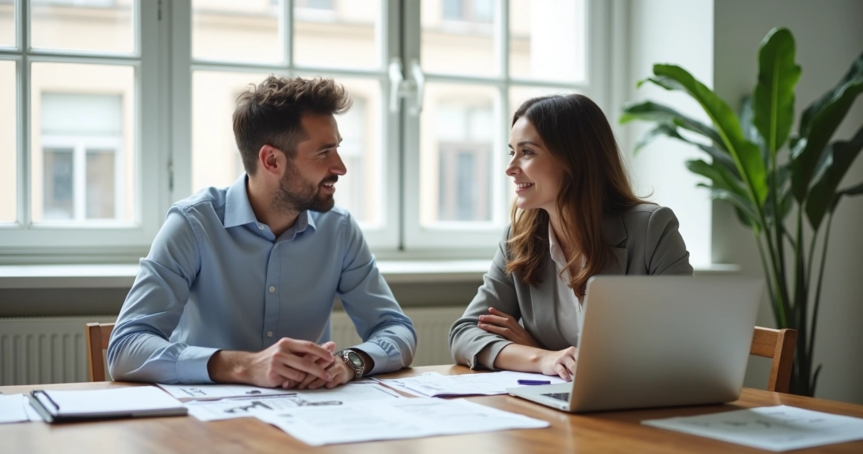 Duas pessoas dialogando em mesa de trabalho, papéis e computadores sobre a mesa 