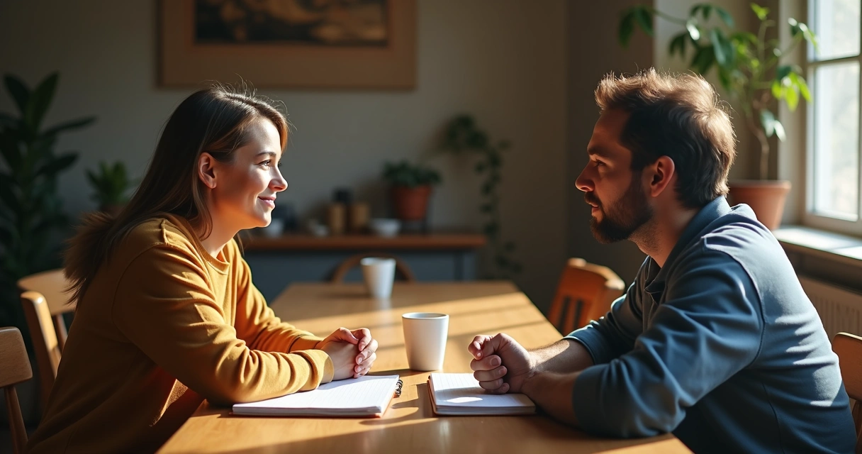 Duas pessoas conversando frente a frente em uma mesa de madeira, com expressões atentas e postura aberta. 