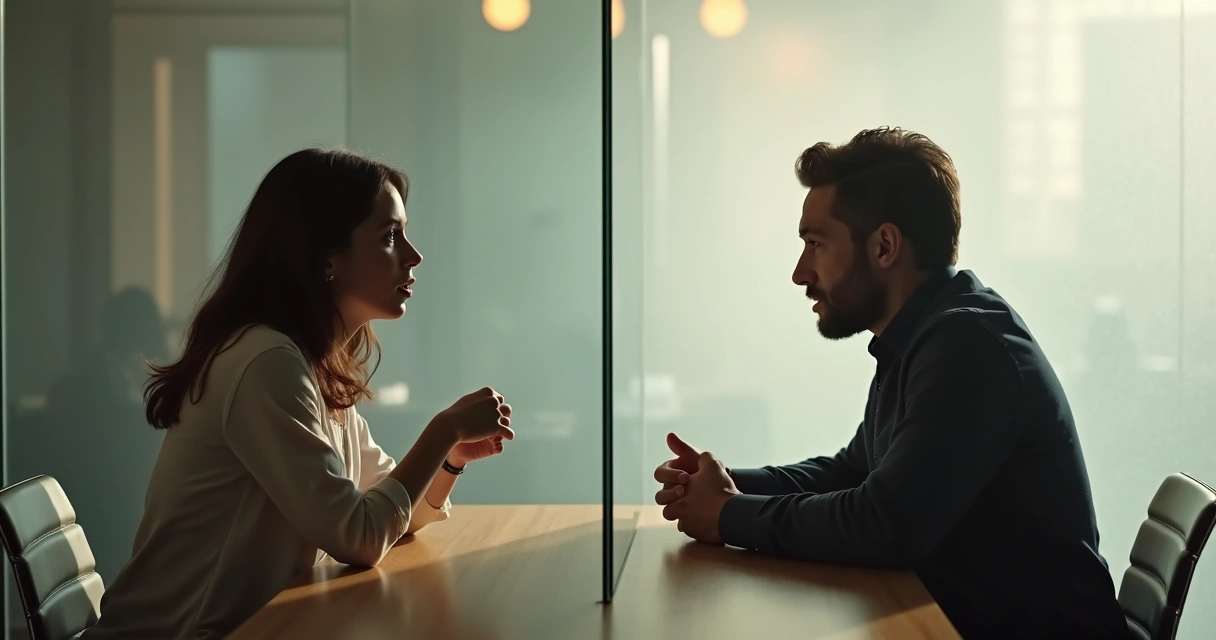 Duas pessoas sentadas frente a frente com uma barreira de vidro invisível entre elas, conversando em tom sério. 