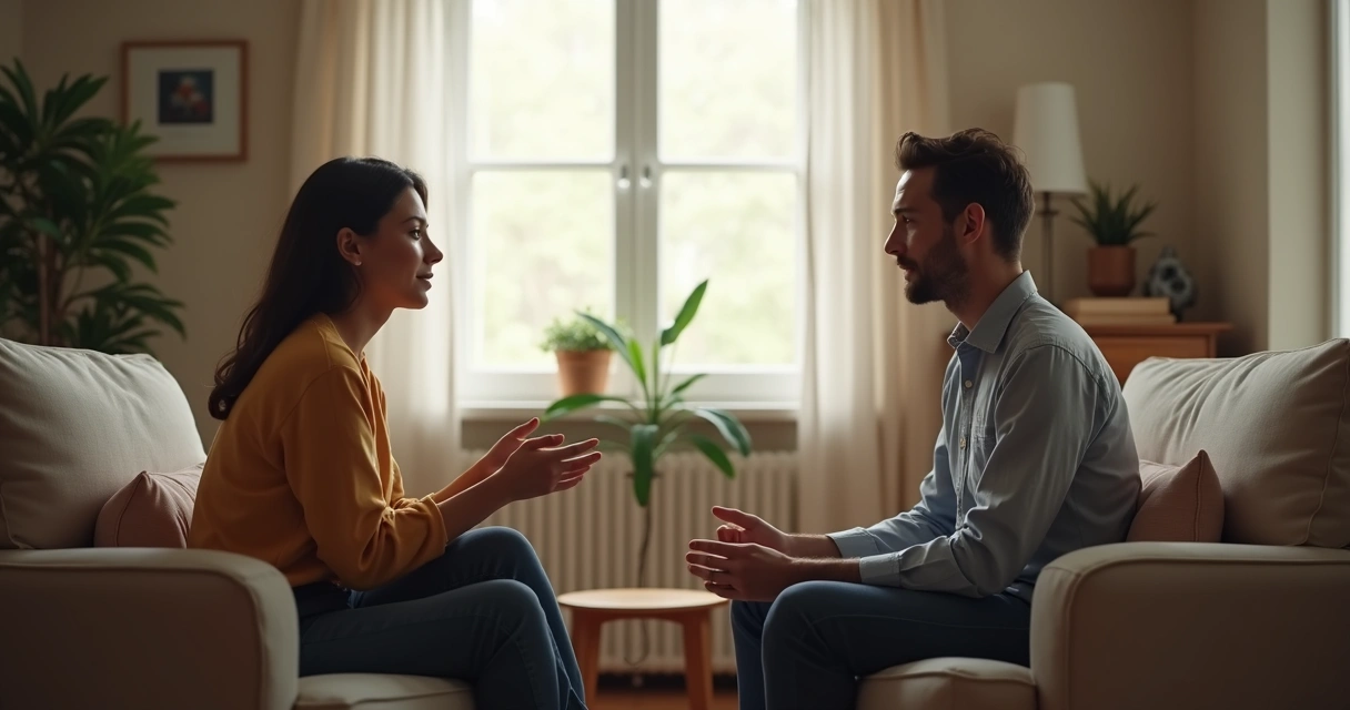 Duas pessoas sentadas conversando de maneira aberta e atenta 