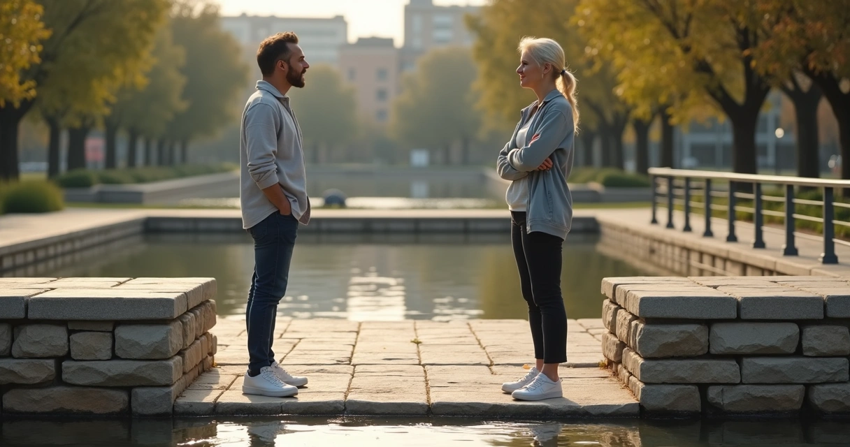 Duas pessoas conversando em frente a ponte dividida ao meio 