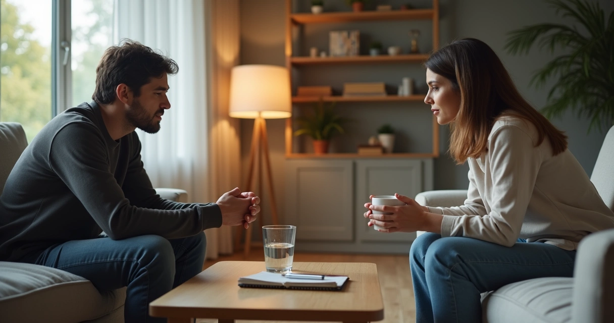 Duas pessoas sentadas em sofás opostos em sala iluminada iniciando conversa séria. 