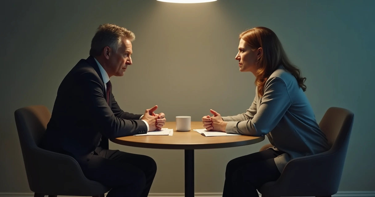 Duas pessoas sentadas frente a frente, conversando com expressão de tensão 