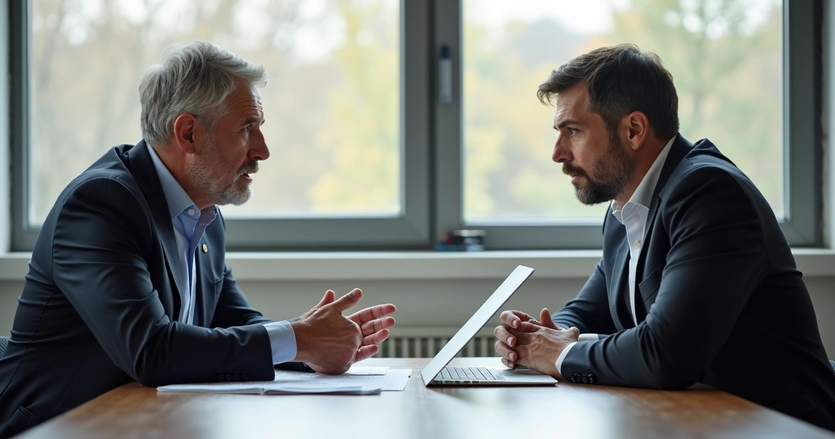Duas pessoas sentadas frente a frente discutindo com expressão séria 