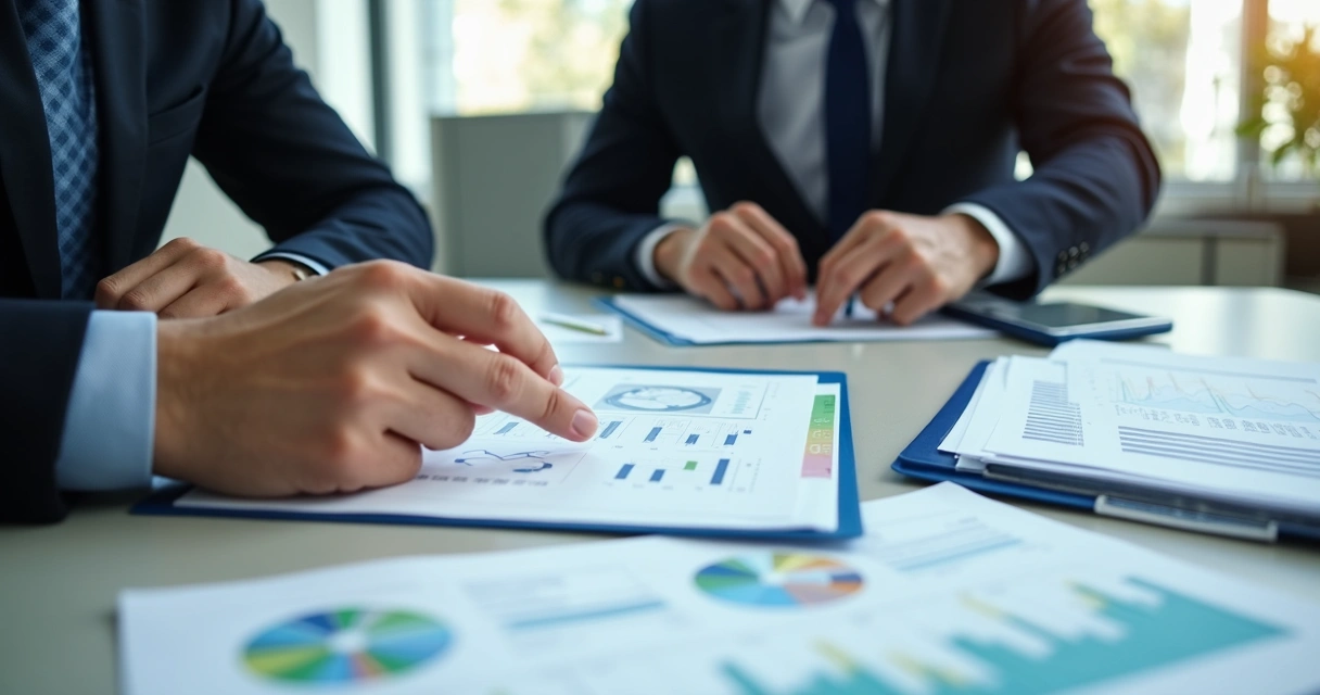 Duas pessoas discutindo plano de negócios no escritório.