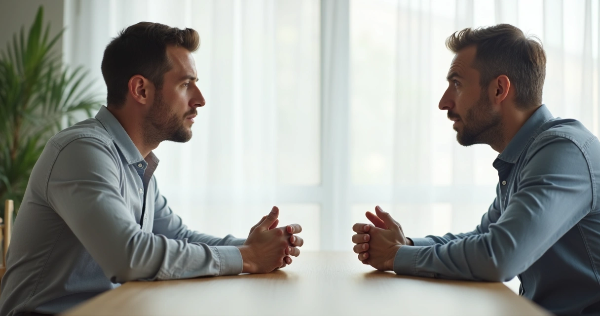 Duas pessoas conversando em uma sala, uma ouvindo e outra falando, ambas mantendo postura respeitosa e atenta
