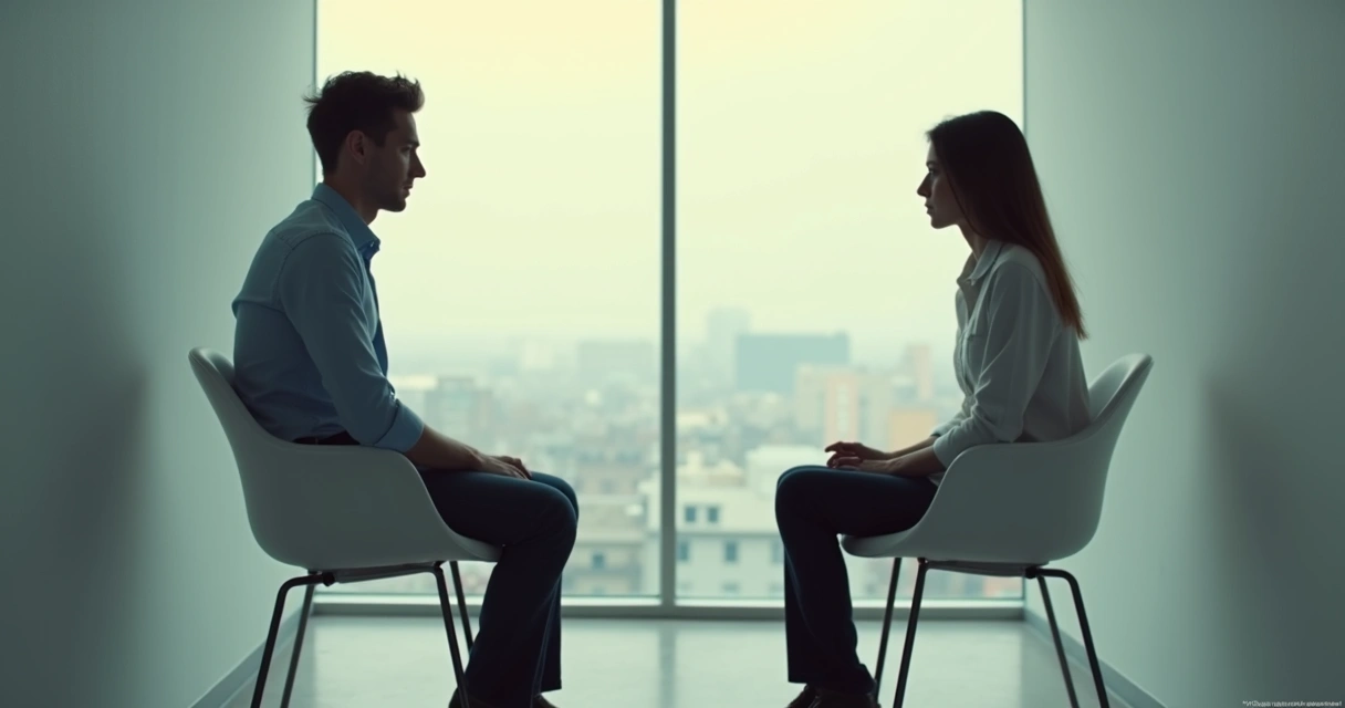 Duas pessoas sentadas afastadas em uma sala clara 