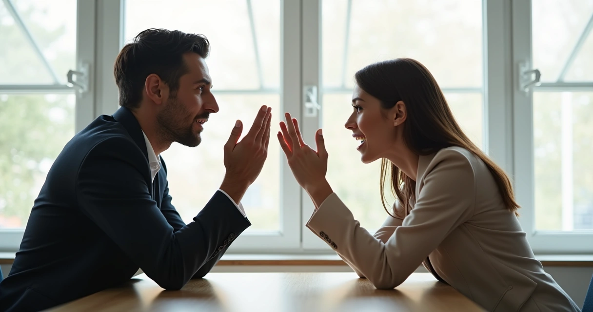 Duas pessoas sentadas frente a frente discutindo em uma sala iluminada, com expressões tensas e gestos evidentes de conflito. 