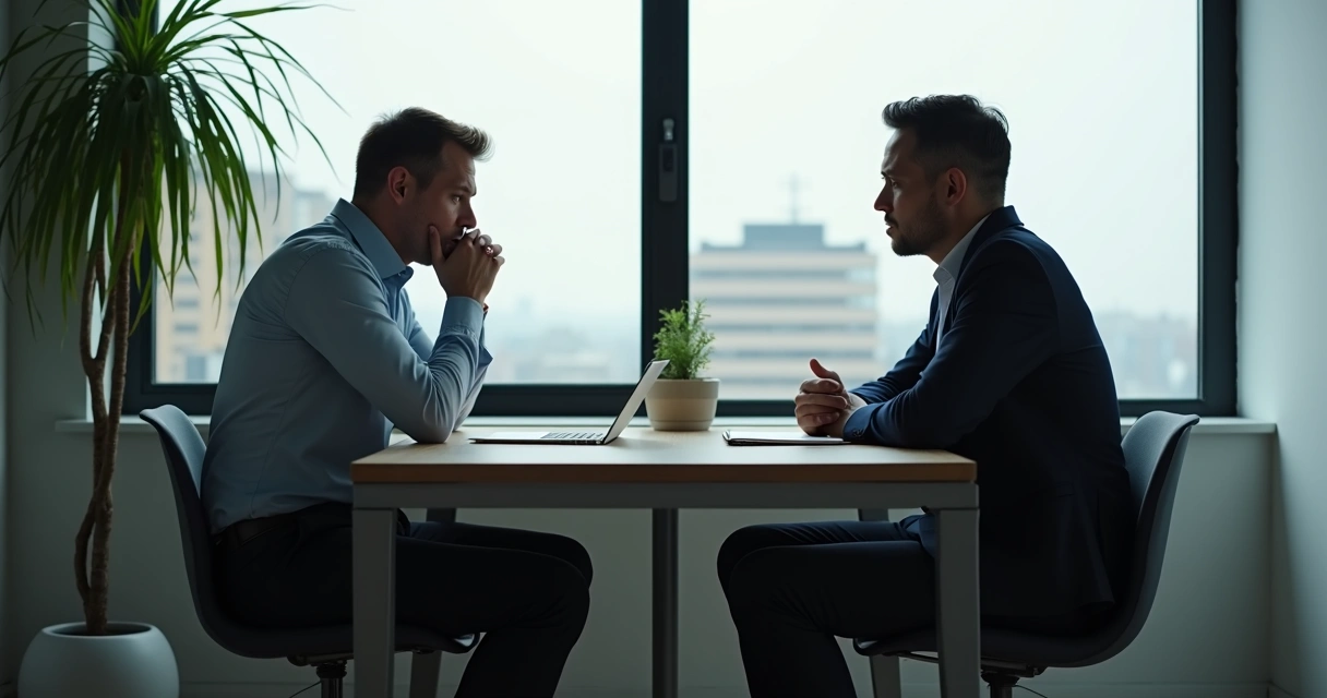 Duas pessoas sentadas frente a frente em uma sala de reunião, com expressões emocionais distintas, transmitindo tensão e tentativa de diálogo em ambiente profissional. 