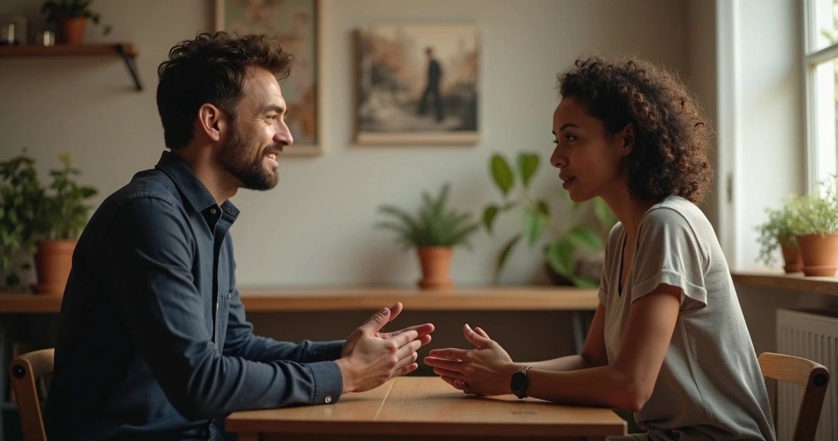 Duas pessoas sentadas conversando de frente uma para a outra em ambiente neutro 