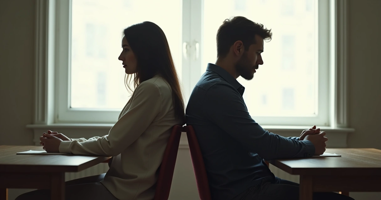 Duas pessoas sentadas de costas em uma mesa, cada uma olhando para o lado oposto, clima de distanciamento e tensão.