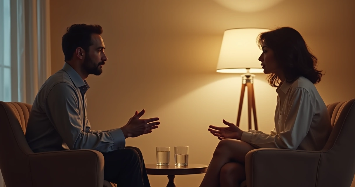 Duas pessoas sentadas frente a frente em conversa atenta 