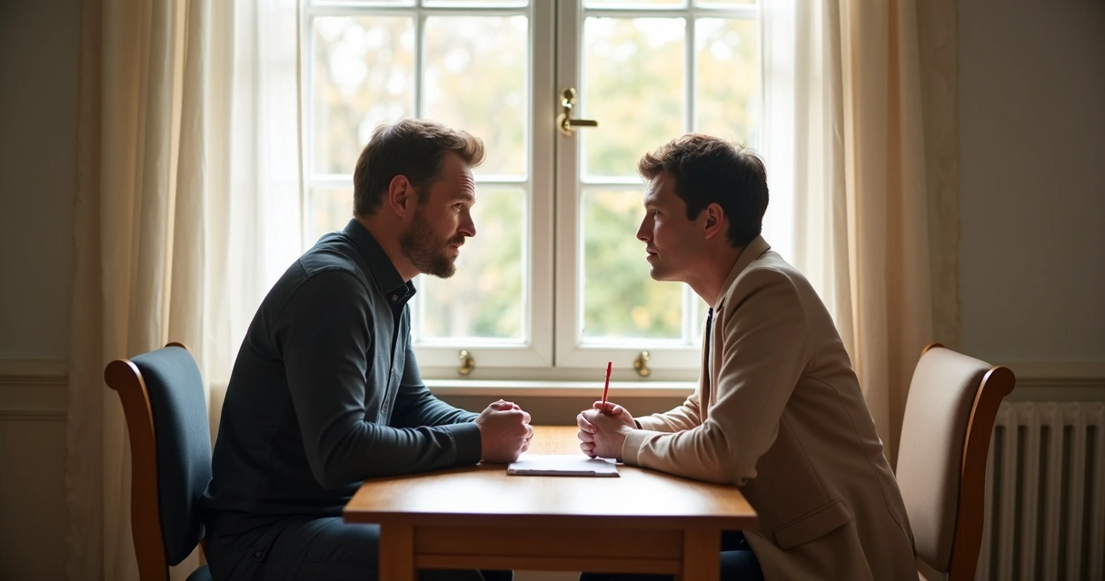 Duas pessoas sentadas frente a frente em um ambiente iluminado, conversando com expressões sinceras e atentas.