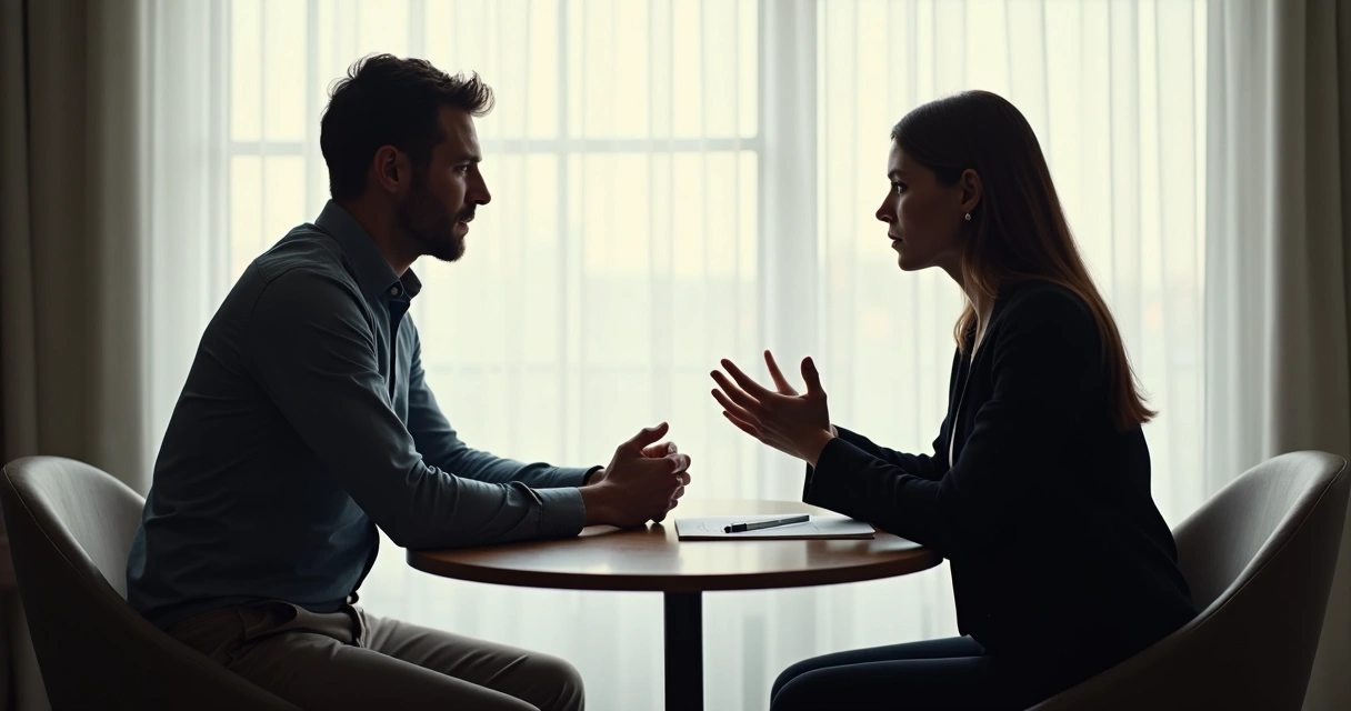 Duas pessoas sentadas frente a frente, mantendo contato visual durante uma conversa