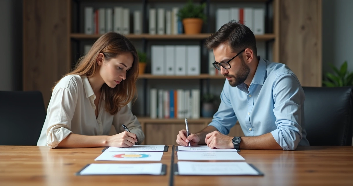 Duas pessoas em lados opostos de uma mesa, olhando papéis diferentes 