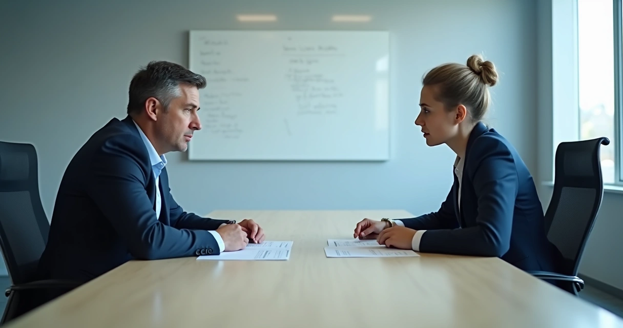 Duas pessoas sentadas em sala de reunião, olhando uma para a outra, com expressão séria e papéis sobre a mesa 