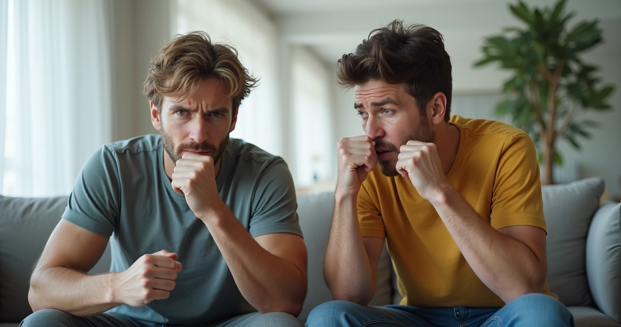 Dois adultos em uma sala olhando um para o outro, um aparentando raiva e o outro tristeza 