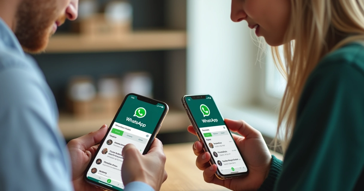 Duas pessoas digitando em celulares mostrando telas do WhatsApp Business 