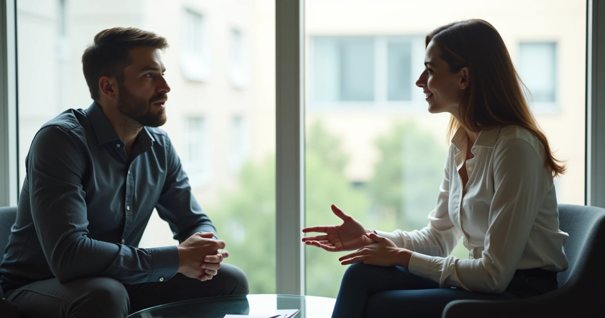 Duas pessoas sentadas conversando em escritório moderno 