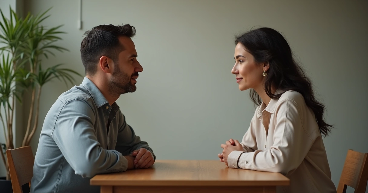 Duas pessoas sentadas frente a frente, ouvindo atentamente uma à outra
