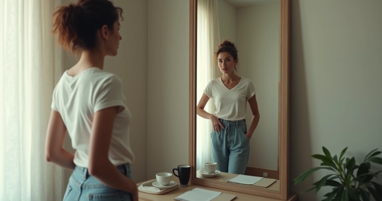 Pessoa olhando para um espelho com uma expressão de dúvida, refletindo sua própria imagem 