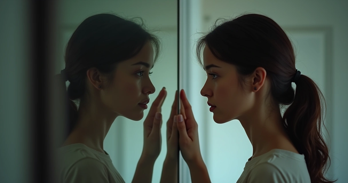 Duas pessoas frente ao espelho, rostos próximos, uma tocando o vidro 