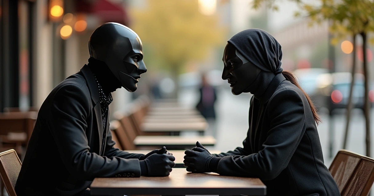 Duas pessoas usando máscaras em uma conversa em um café moderno 