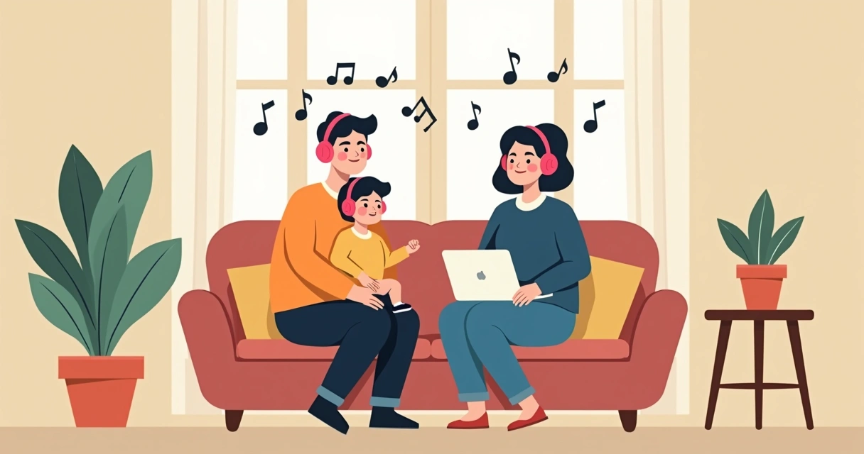Duas pessoas ouvindo música com fones em uma sala tranquila 