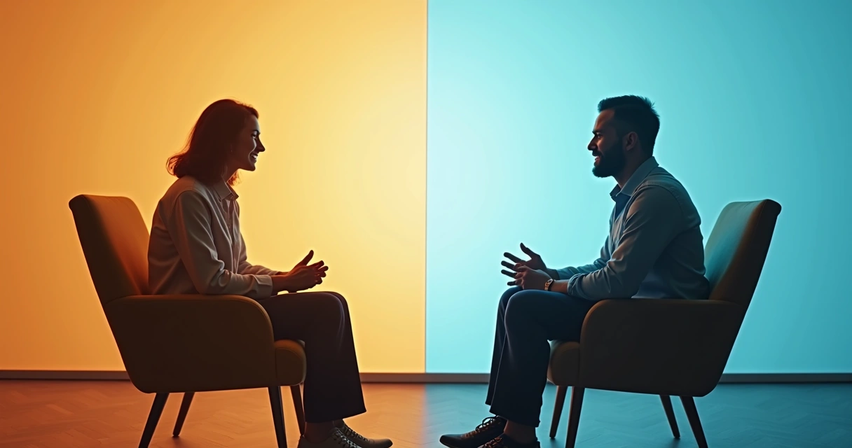 Duas pessoas sentadas em uma sala, uma mostrando expressão tranquila e outra visivelmente incomodada 