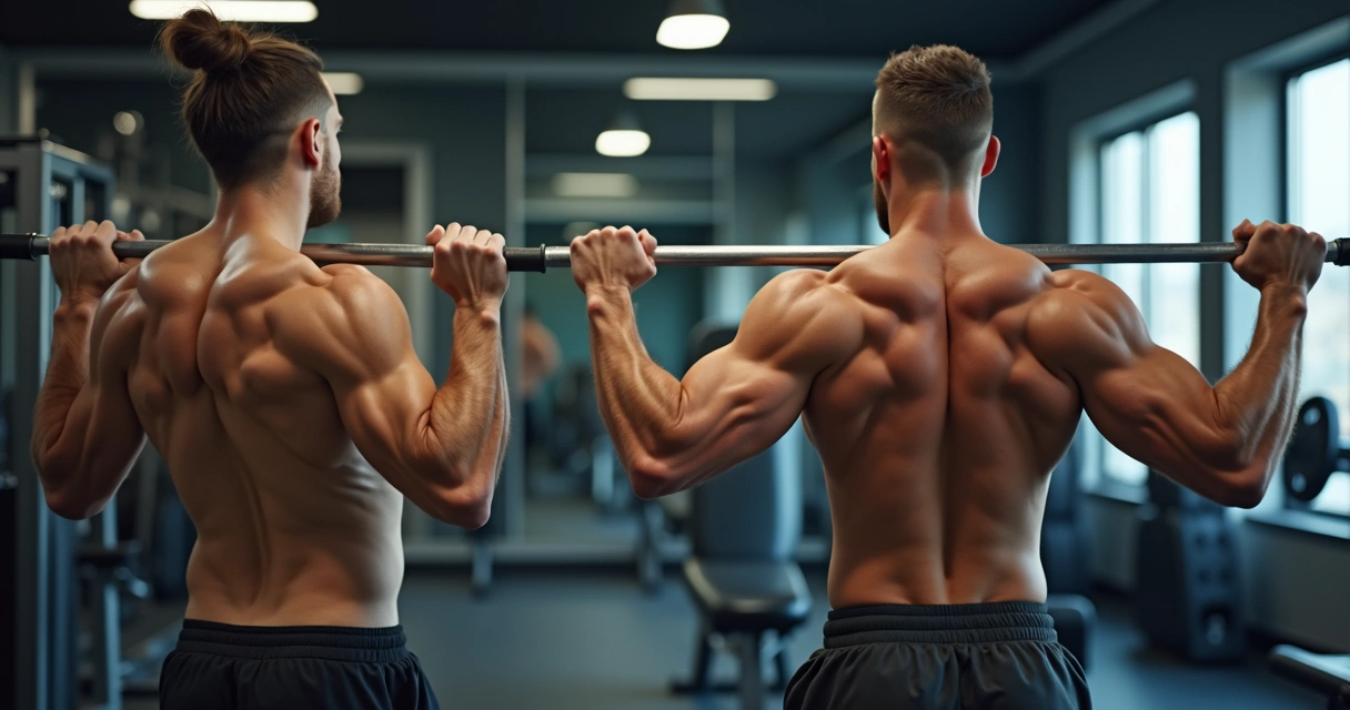 Duas pessoas treinando juntas, realizando o método bi-set, uma em exercício de braço e outra em exercício de peito