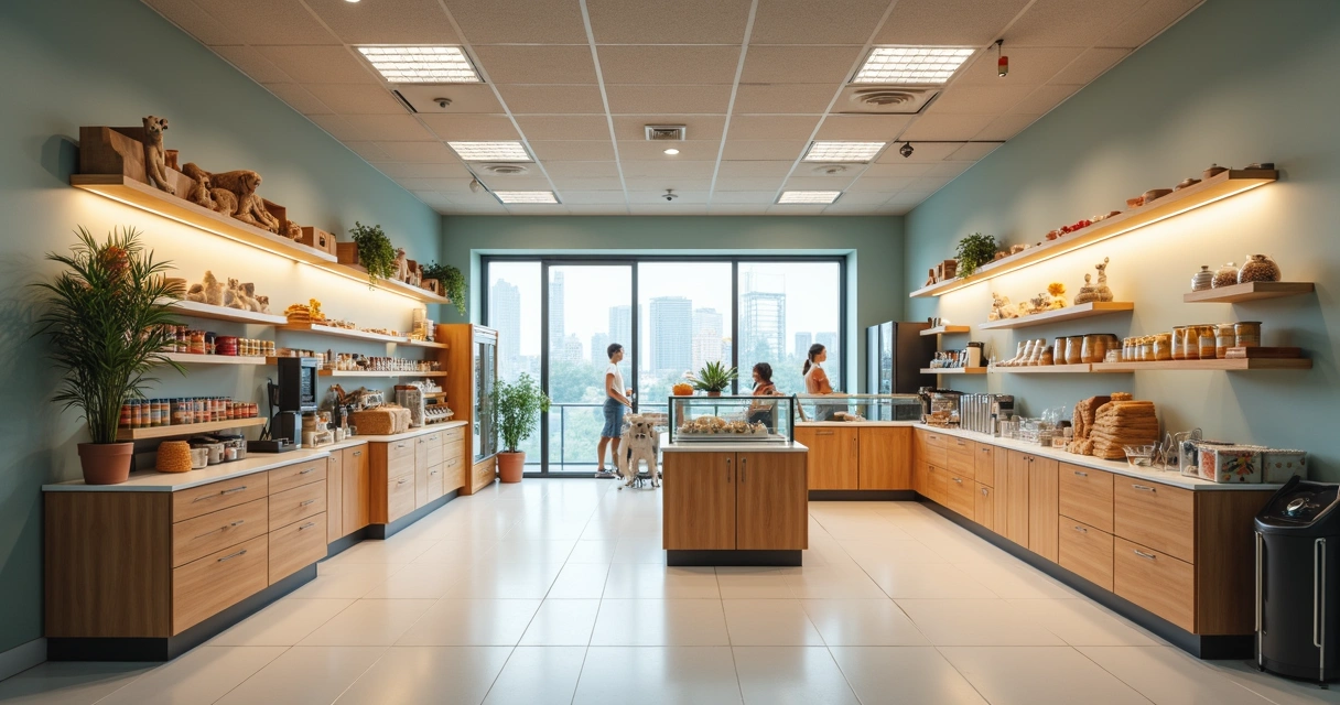 Pet Shop no Simples Nacional: você pode estar pagando imposto errado e nem sabe 1 Balcão de loja de animais com produtos à esquerda e, à direita, área de banho e tosa