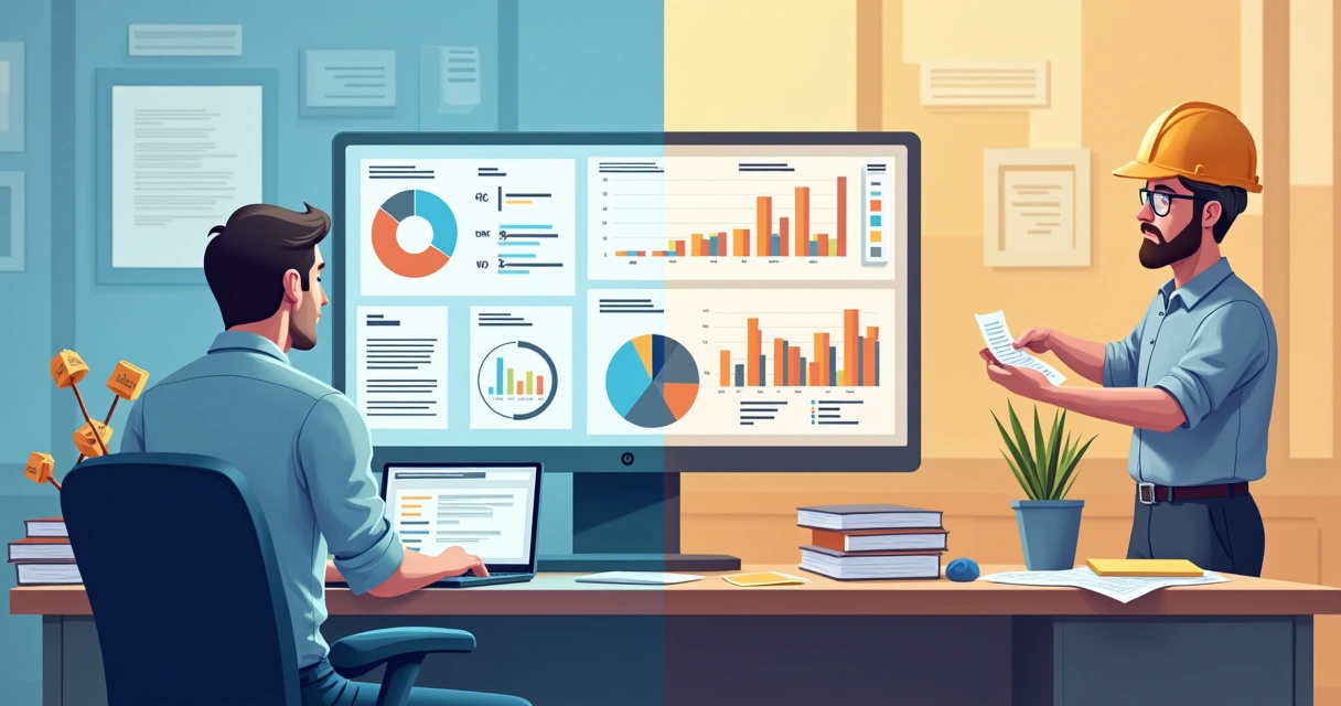 Gestor de empresa comparando tela de computador com software financeiro e pasta de documentos do BPO 