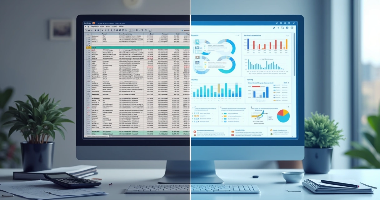 Divisão visual entre uma tela de planilha e um sistema web 