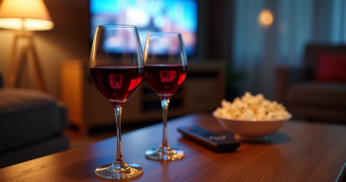 Duas taças de vinho e controle remoto sobre mesa 